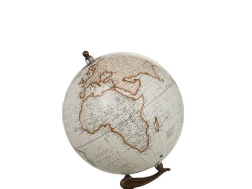 Wereldbol Zaaltella kunststof wit met houten standaard, decoratieve wereldkaart in naturel en beige tinten
