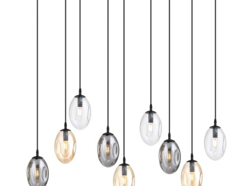 Plafondlamp Zeirdel zwart met 9 glazen kappen in grafiet, amber en transparant, modern en sfeervol