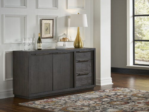 Dressoir Triendil 168 cm van acaciahout, basaltgrijs, met 2 deuren en 3 lades in strak modern design
