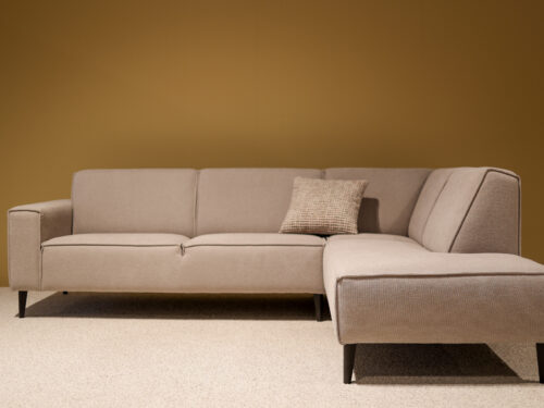 Hoekbank Lesira in licht beige, moderne loungebank met chaise longue en strak design