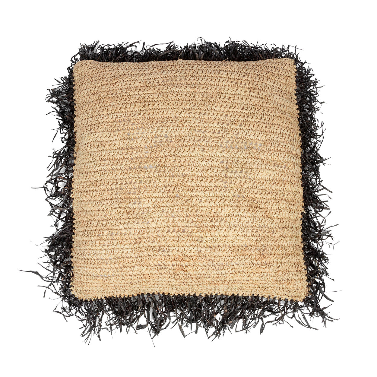 Kussenhoes Geemmio Naturel 60x60 cm van raffia, naturel-zwart, handgeweven met opvallende franjerand