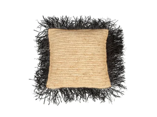 Kussenhoes Traurine Naturel 40x40 cm van raffia met zwarte franjes en handgeweven textuur