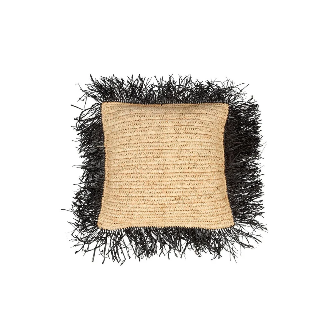 Kussenhoes Traurine Naturel 40x40 cm van raffia met zwarte franjes en handgeweven textuur