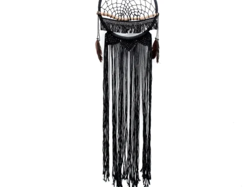 Wanddecoratie Romena zwart macramé met hout en veren, handgemaakt en luchtig