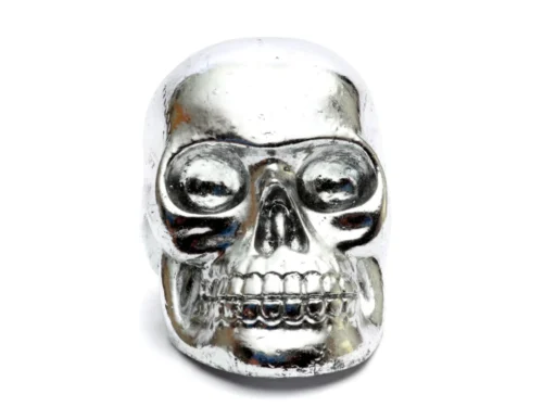 Woonaccessoire Cauki polyresin zilver, compact skull ornament met glanzende metallic afwerking