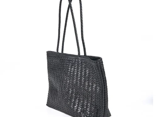Zwarte leren Execu-Shopper met gevlochten structuur en lange dubbele hengsels