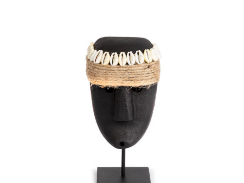Beeld Faunsik Steen Zwart met zwarte steen, schelpdetails en jute op standaard