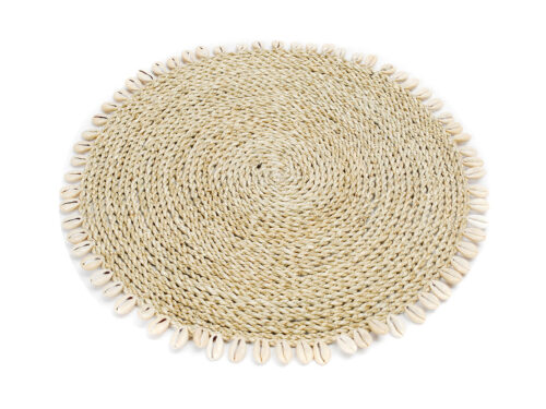 Placemat Greenura Zeegras Naturel rond met schelprand, naturel gevlochten placemat voor tafelstyling