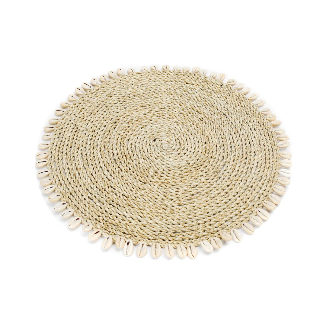 Placemat Greenura Zeegras Naturel rond met schelprand, naturel gevlochten placemat voor tafelstyling