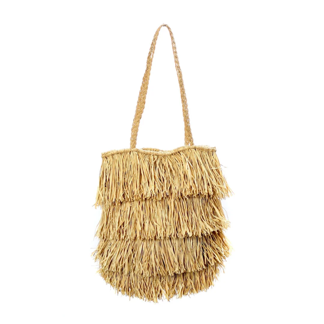 Tas Staubang Raffia Naturel, handgeweven raffia tote met speelse franjes en naturel uitstraling