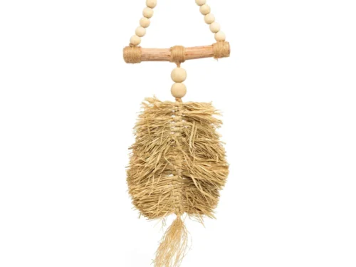 Ladekast Loomang Naturel van hout en raffia, handgemaakt met kralen en speelse franjes