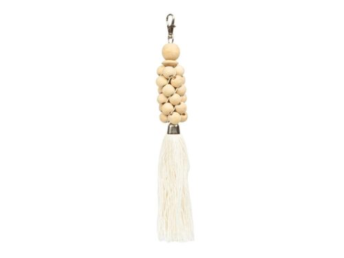 Sleutelhanger Dieltand Katoen Naturel met houten kralen en lange naturel-witte katoenen tassel