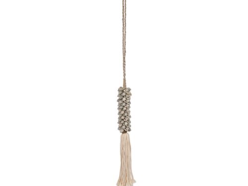 Kast Potal Grijs wanddecoratie met schelpen en beige kwastje, handgemaakt en lang smal ontwerp
