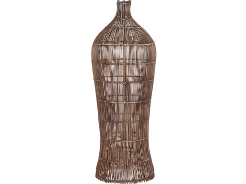 Hanglamp Peelvano Rotan in donkere walnoot, hoge slanke open rotan kap met warme, zachte lichtspreiding