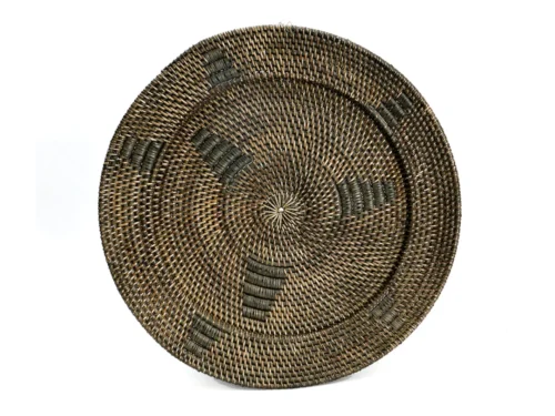 Jasmijnbord Balund rotan bruin met handgeweven look en zwart grafisch motief, rond wanddecoratie