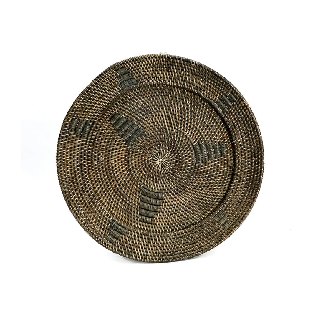 Jasmijnbord Balund rotan bruin met handgeweven look en zwart grafisch motief, rond wanddecoratie