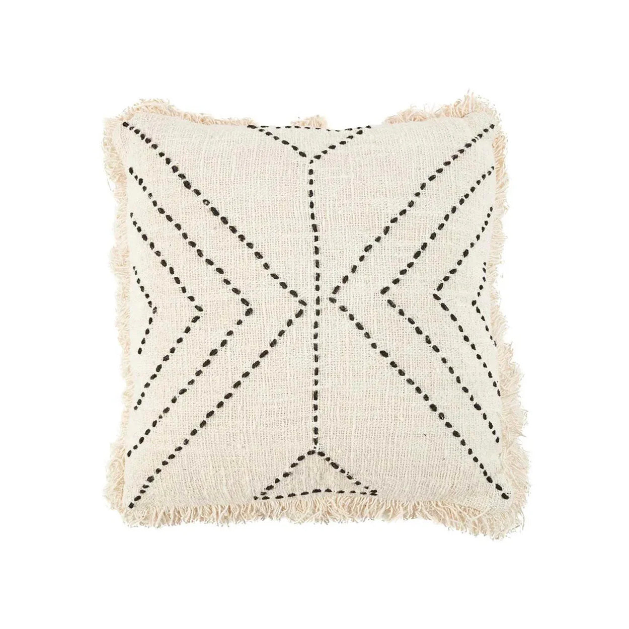 Kussenhoes Volga Naturel, offwhite katoen met zwarte tribalprint en speelse franjes, boho woonaccessoire