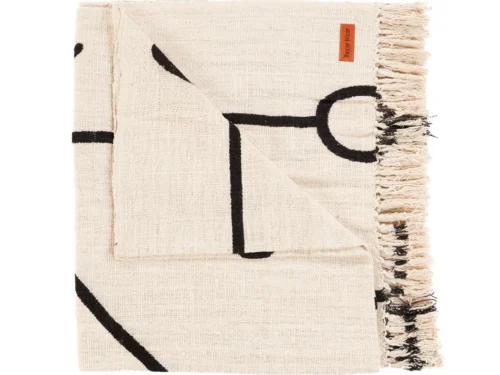 Bedsprei Vovir Naturel van katoen met zwart patroon en speelse franjes, in naturel beige tinten
