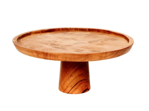 Schaal Flikoro Teak Naturel op voet, ronde serveerschaal van warm teakhout voor taart en gebak