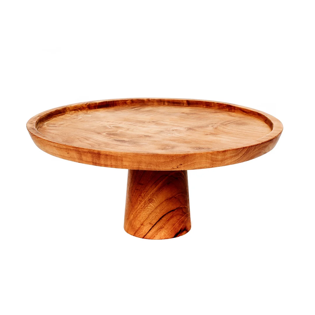 Schaal Flikoro Teak Naturel op voet, ronde serveerschaal van warm teakhout voor taart en gebak