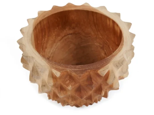 Duriankom Laaltio naturel, decoratieve teakwortel schaal met getextureerde durian-vorm en warme houttekening