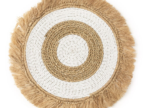 Ronde Placemat Gossino zeegras naturel en raffia met witte en beige ringen en speelse franjes