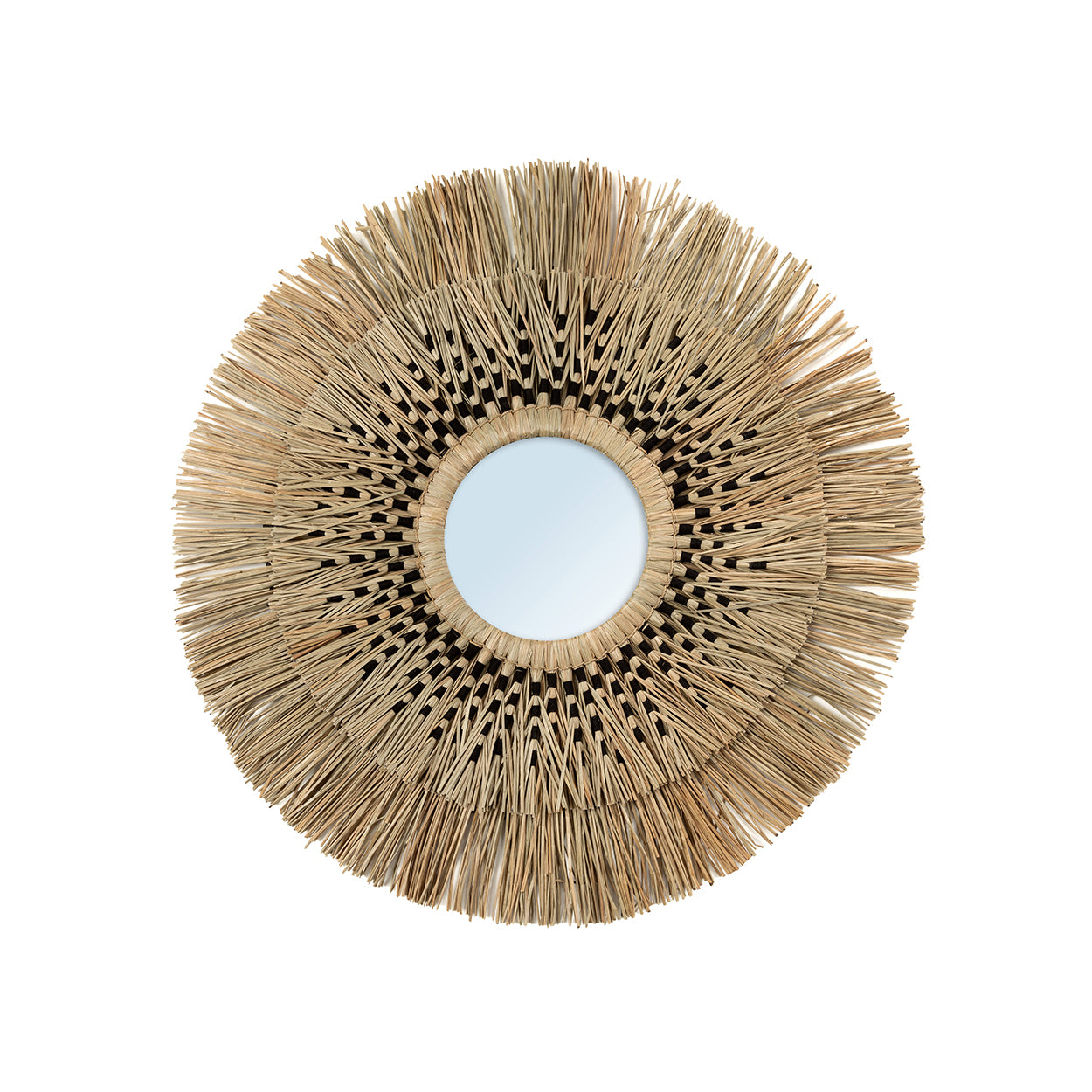 Spiegel Fleensol Naturel met ronde grasrand, zwart detail en houten frame in warme natuurlijke tinten