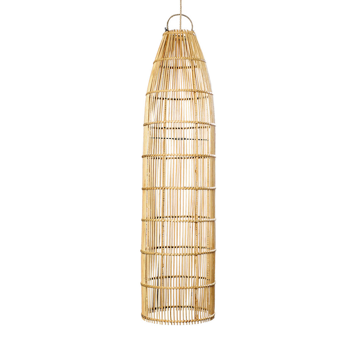 Fuikhanger Guvine rotan naturel hanglamp met slanke visvalvorm en handgemaakte uitstraling