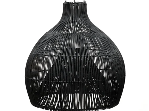 Hanglamp Tomu Rotan zwart, vaasvormig handgeweven rotan met open structuur voor sfeervol licht