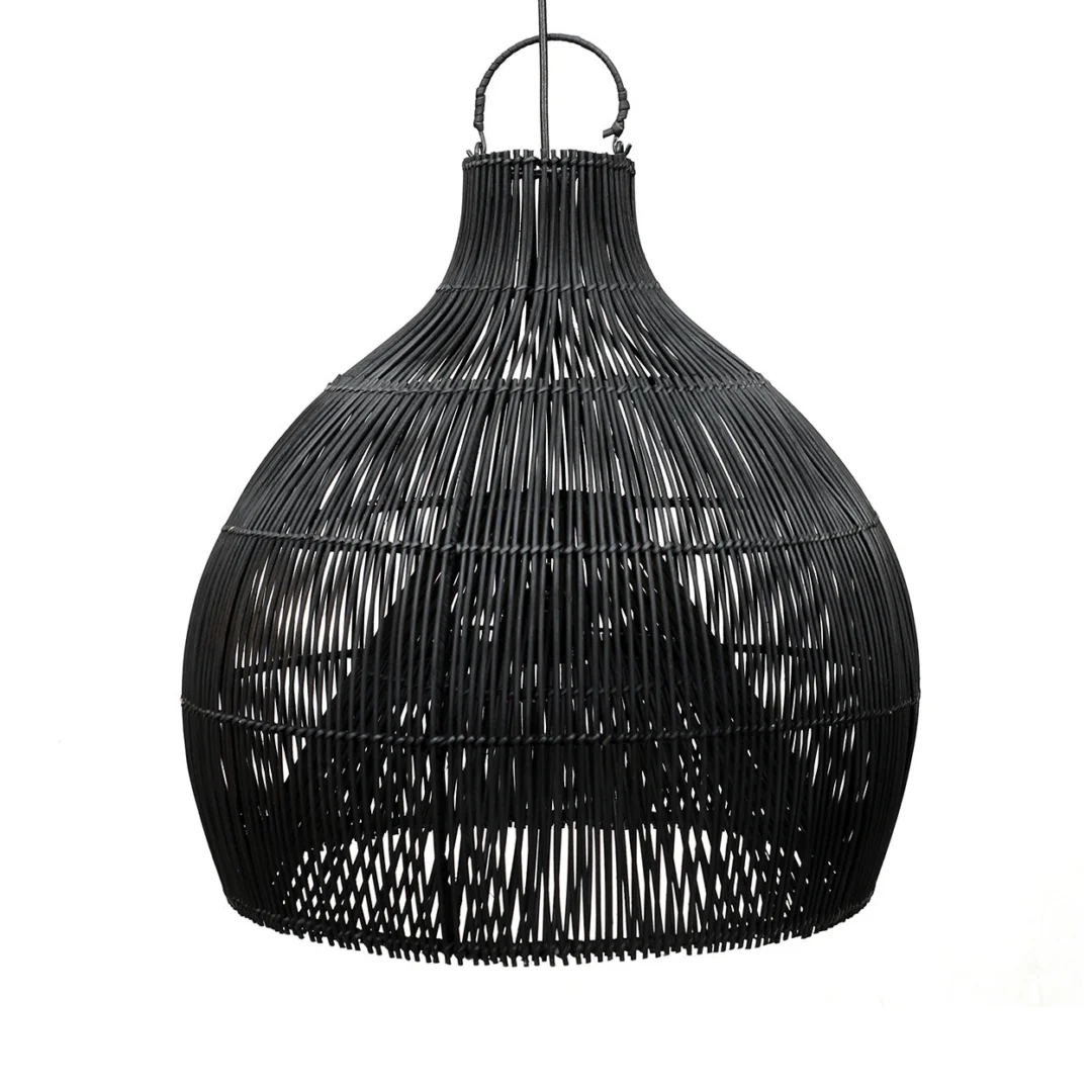 Hanglamp Tomu Rotan zwart, vaasvormig handgeweven rotan met open structuur voor sfeervol licht