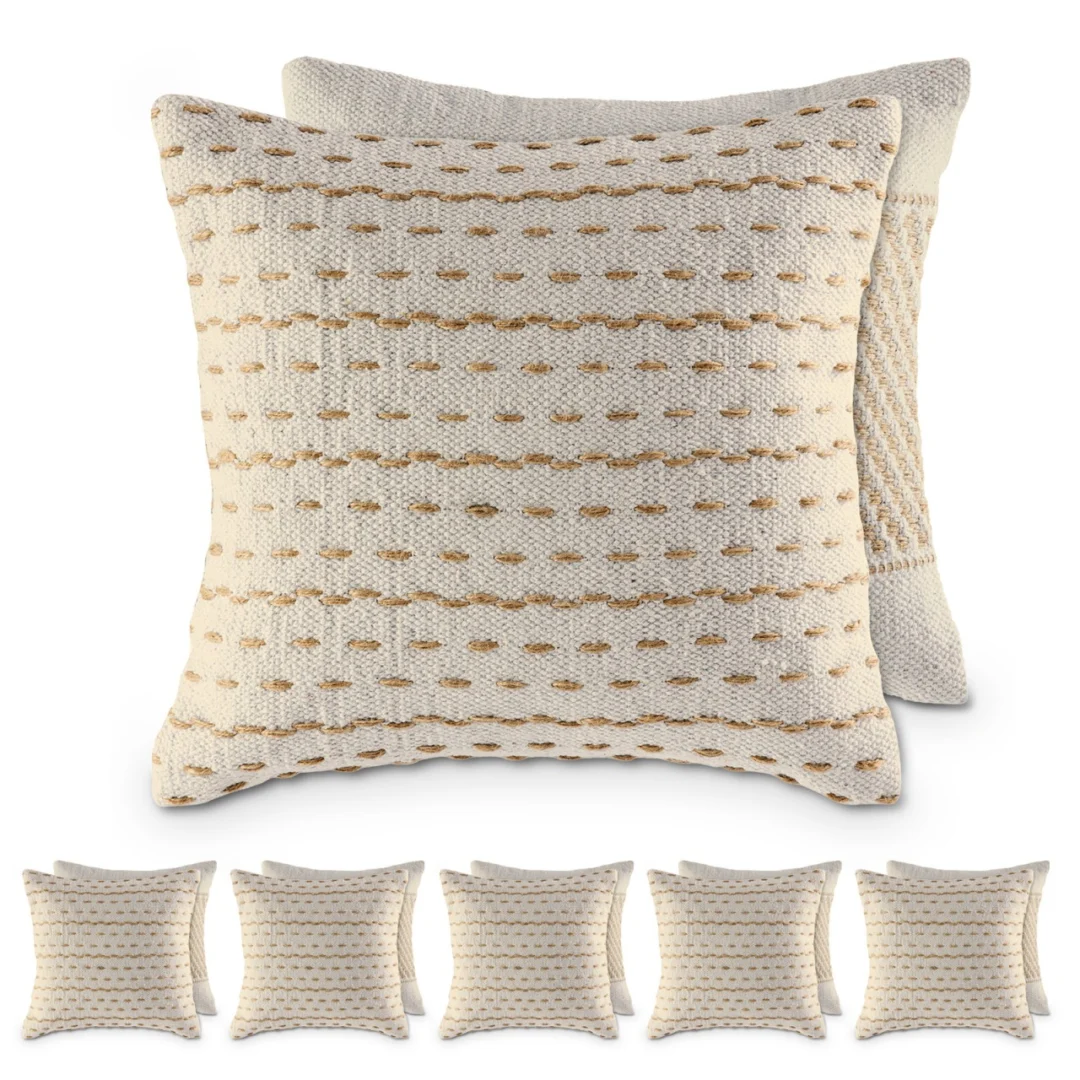 Grekine Naturel sierkussens set van 12, 40x40 cm, naturel katoen-jute met geweven streepdetail