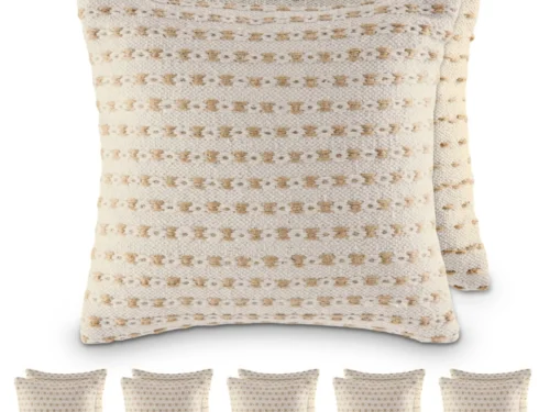 Decoratie Brussas jute naturel set van 12: handgemaakte vierkante sierkussens met beige katoen en ruwe jute