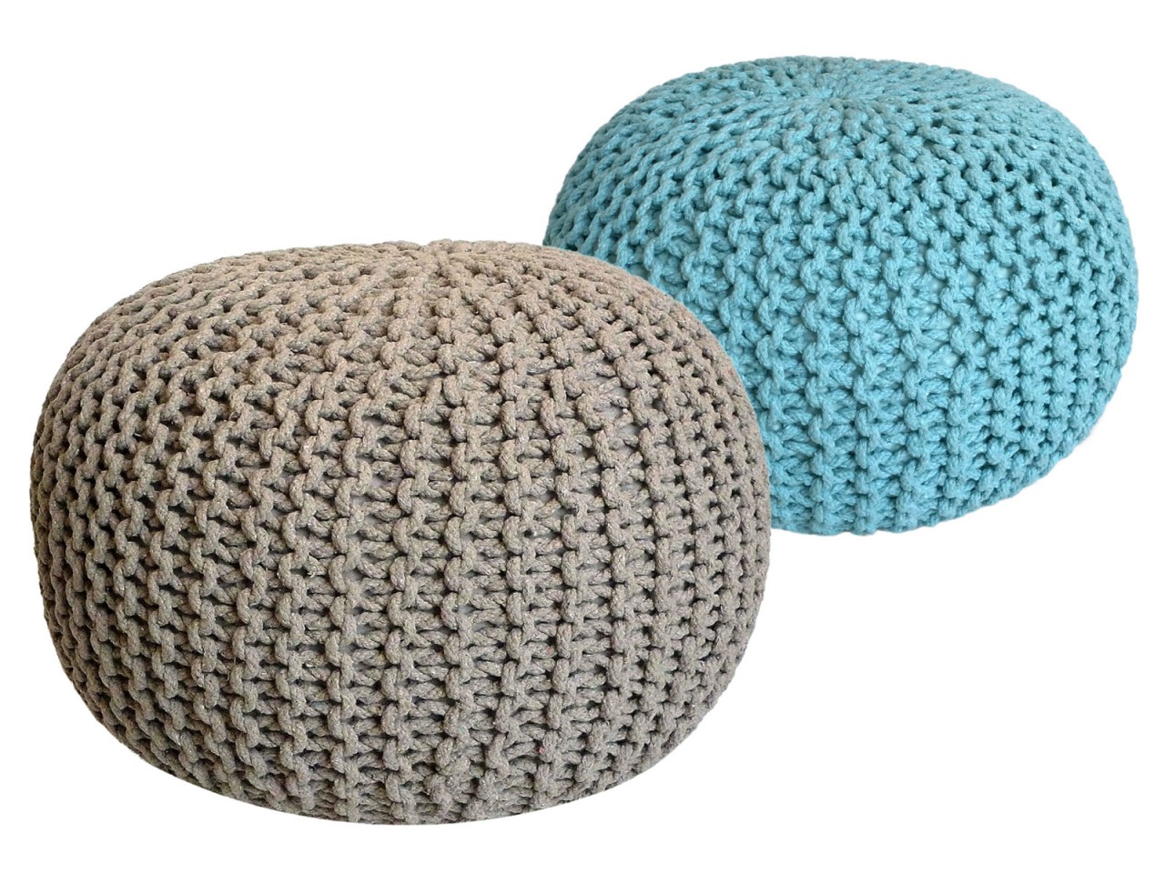 Hocker Grauskena beige en mint, handgebreide ronde poufs met zachte grofgebreide textuur