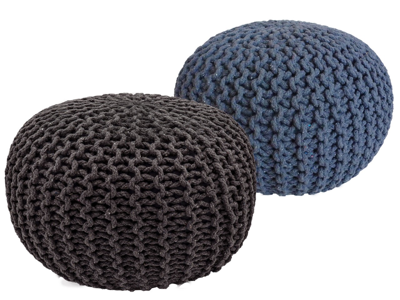 Hocker Leensum set van 2 gebreide poefs, handgemaakt, in donkergrijs en blauw, grof breisel