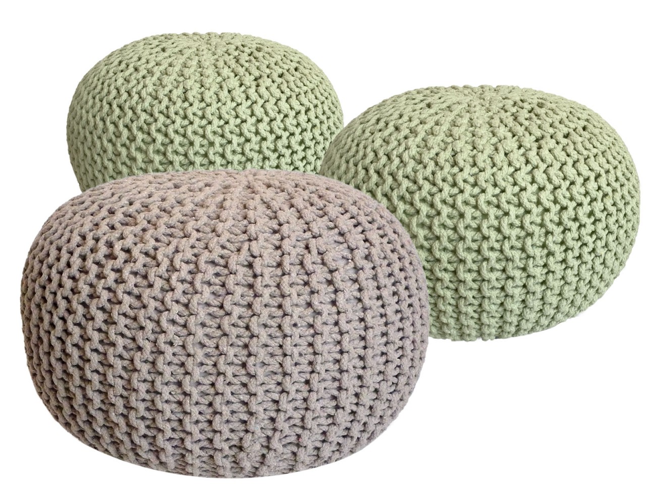 Kruk Grinum Beige set van 3 grofgebreide poefs in beige en groen, handgemaakt van gerecycled katoen