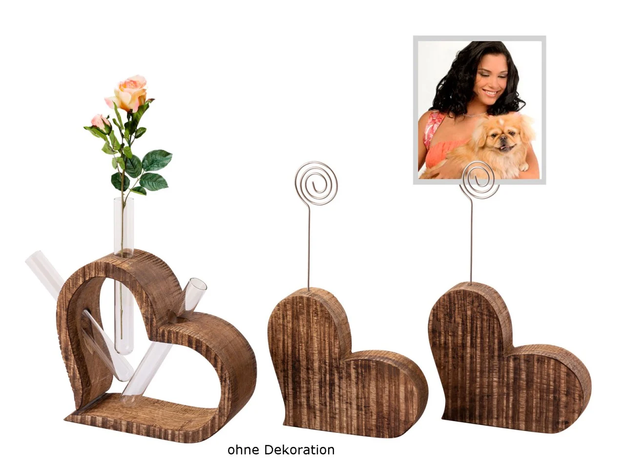 Decoratie Gaaki mangohout set van 3: hartvormige fotohouders en vaas met natuurlijke nerf, warm en decoratief