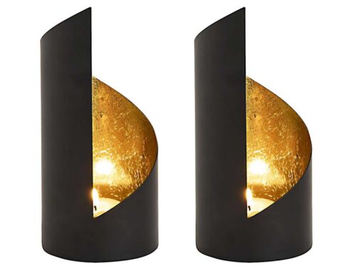 Waxinelichthouder Kiemmil mat zwart set van 2 met vergulde binnenzijde en warme gouden lichtgloed