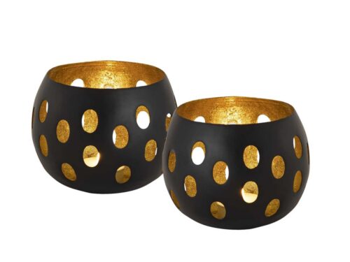 Veessar matzwarte metalen waxinelichthouder set van 2 met gouden binnenzijde en bolvormig design