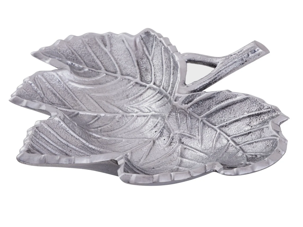 Schaal Skaannona aluminium zilver in bladvorm met reliëf en brede, lage decoratieve rand