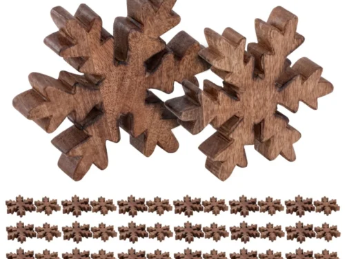Beeld Feekaro Hout set van 2: houten sneeuwvlokken van massief mangohout met warme, natuurlijke nerf