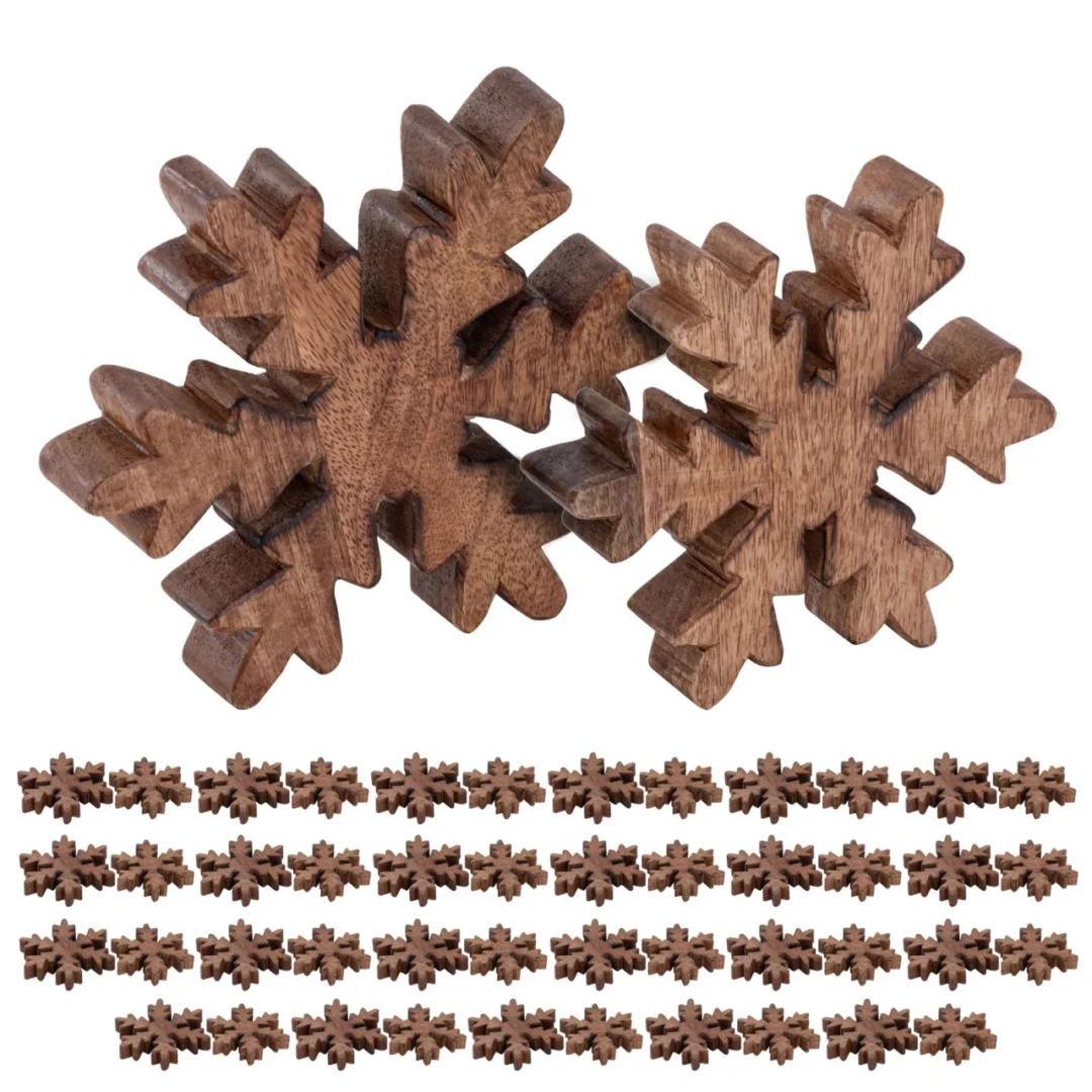 Beeld Feekaro Hout set van 2: houten sneeuwvlokken van massief mangohout met warme, natuurlijke nerf