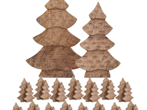 Beeld Muskor Hout set van 2: handgemaakte mangohouten kerstbomen met natuurlijke houtnerf en warme uitstraling