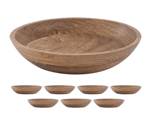 Schaal Traurdino hout set van 8, ronde mangohouten serveerschaal met natuurlijke warme houtnerf