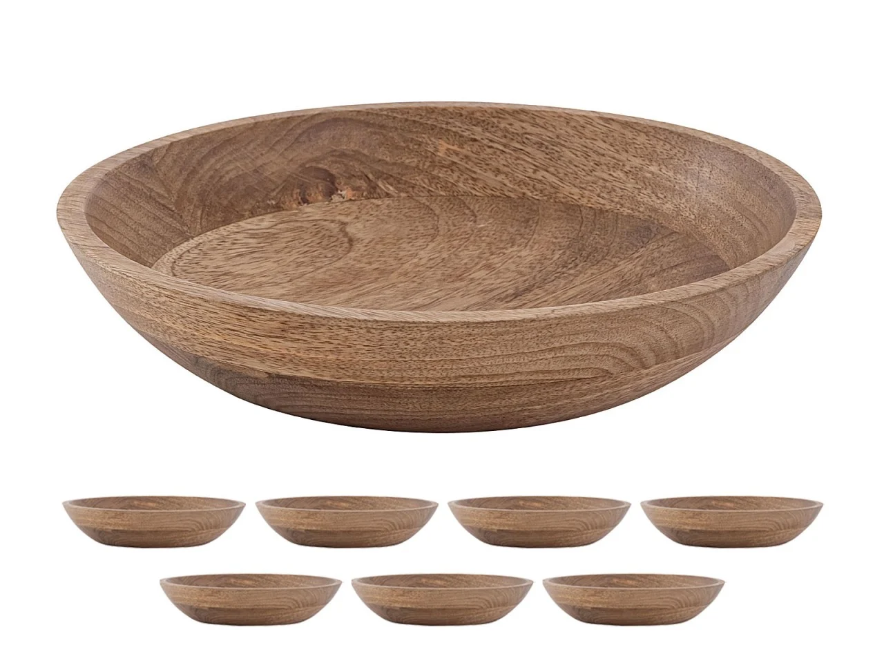 Schaal Traurdino hout set van 8, ronde mangohouten serveerschaal met natuurlijke warme houtnerf