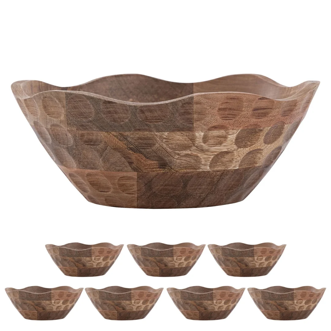 Schaal Leebar van mangohout, handgemaakt met sierlijke rand, set van 8 decoratieschalen