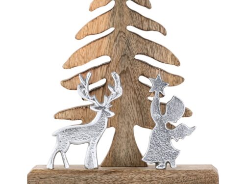 Beeld Jellos Hout set van 8 met kerstboom, hert en engel van mangohout en aluminium