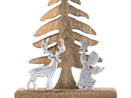 Beeld Jellos Hout set van 8 met kerstboom, hert en engel van mangohout en aluminium