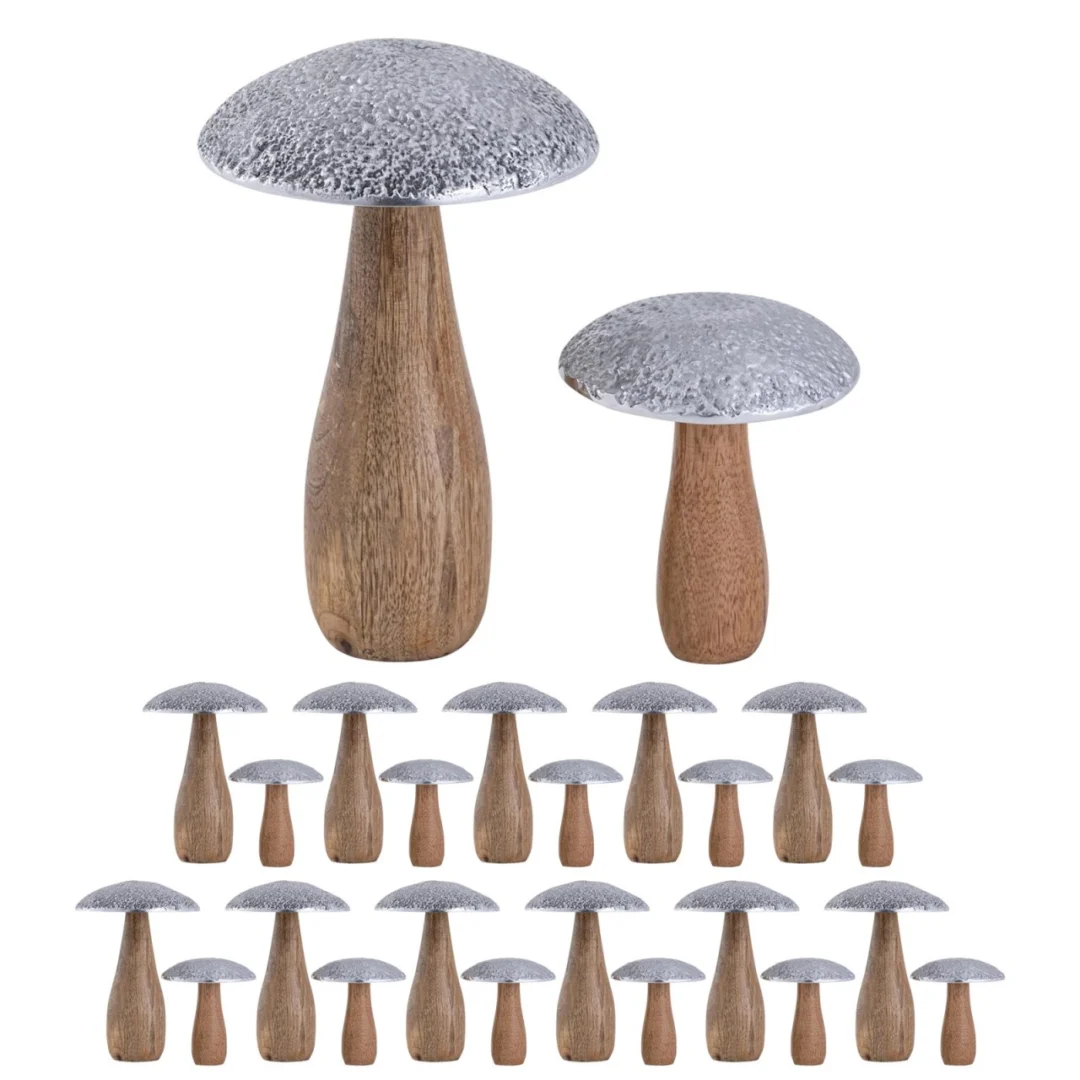 Beeld Hukona mangohout en aluminium paddenstoelenset, handgemaakt decoratie-object, set van 2, Ø13 cm
