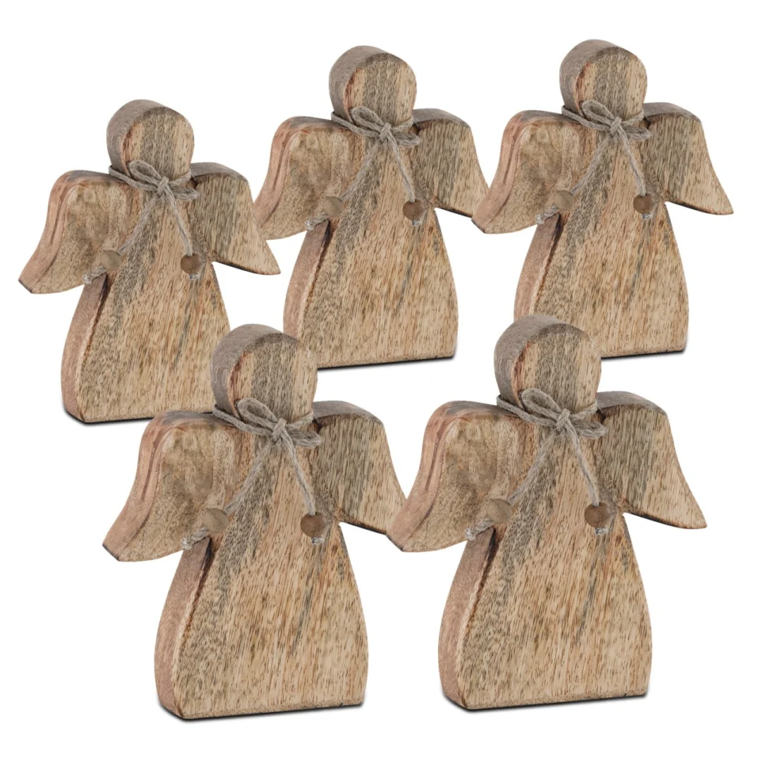 Beeld Seimor Hout geluksengelen van gerecycled mangohout met natuurlijke nerf en touwstrik