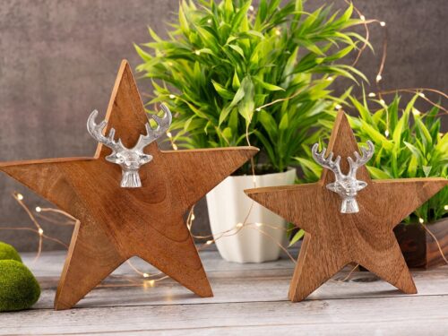 Beeld Flotella Hout set van 2, stervormig mangohout met zilverkleurig hertenhoofd, warm en decoratief